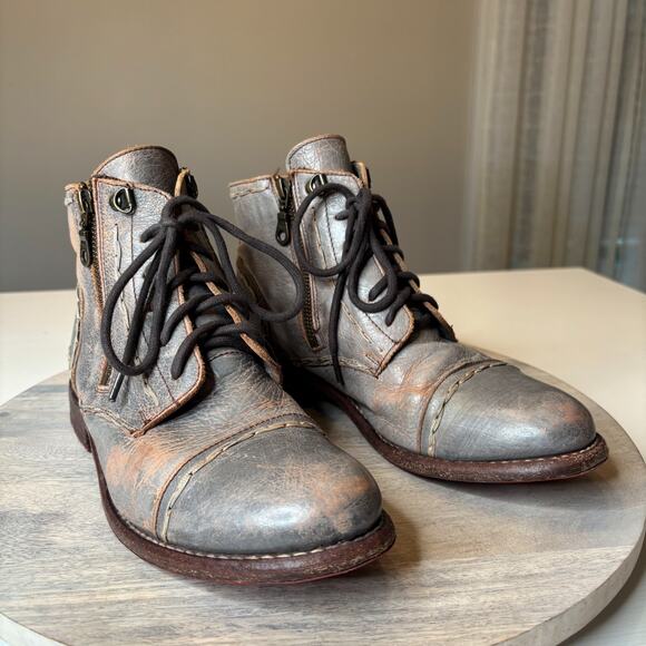 Bed Stu Bonnie Gray Brown Distressed Leather Lace Up Zip Ankle Boots Women’s 9.5 - Picture 1 of 12